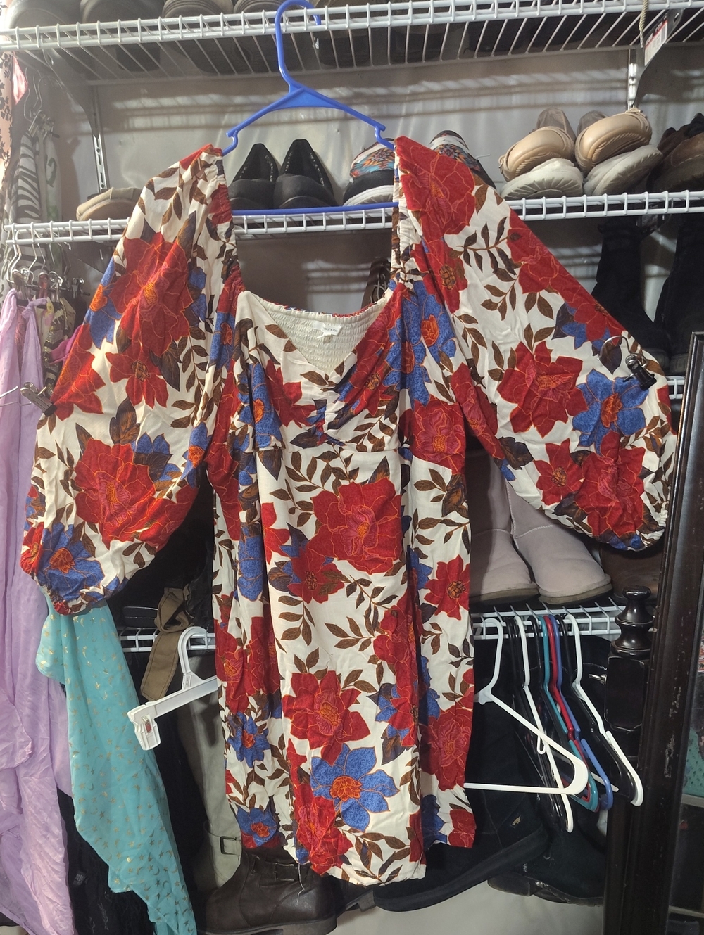 Maurices Cream Midi Dress with Red & Blue Floral Print